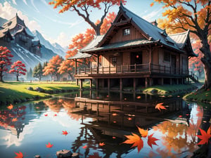 (digital oil painting:1.5), masterpiece, (HDR, crisp:1.5), ((wooden house)), flower, outdoors, sky, water, (autumn trees), window, (windy), grass, plant, building, (falling leaves), nature, (scenery), forest, (reflection), lantern, mountain, bush, (fallen leaves), architecture, east asian architecture, (pond), (autumn leaves), ((autumn)) 1girl, center, scaled -0.5x, chiaroscuro, serene, vibrant, super sharp, intricate, smooth, best quality, ultra hires, UHD, 64K, by Disney.