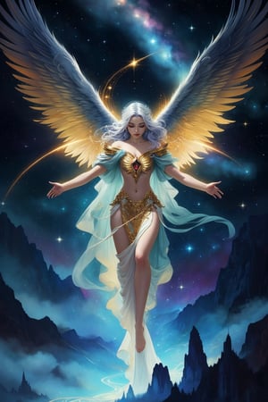 A lavishly adorned celestial being, the mythological nebula navigator is depicted in a watercolor painting. The main subject is a figure with flowing robes made of shimmering stardust, eyes that twinkle like distant galaxies, and ethereal wings that give a sense of weightlessness. The image captures the essence of celestial beauty and otherworldly grace, with hues of indigo, gold, and silver blending seamlessly to create a breathtaking scene. Every brushstroke is meticulously detailed, adding depth and dimension to the mystical creature, making it appear as if it could soar off the canvas at any moment. This stunning portrayal invites viewers to immerse themselves in a fantastical realm where dreams and reality converge.