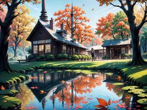 (digital oil painting:1.5), masterpiece, (HDR, crisp:1.5), ((wooden house)), flower, outdoors, sky, water, (autumn trees), window, (windy), grass, plant, building, (falling leaves), nature, (scenery), forest, (reflection), lantern, mountain, bush, (fallen leaves), architecture, east asian architecture, (pond), (autumn leaves), ((autumn)) 1girl, center, scaled -0.5x, chiaroscuro, serene, vibrant, super sharp, intricate, smooth, best quality, ultra hires, UHD, 64K, by Disney.