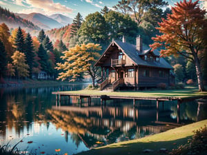 (masterpiece, legendary, highest_resolution, highly detailed), (hyper surrealism:1.4), sharpen_details, landscape_photography, (a stunning and vibrant HDR image of a big [wooden ? timber ? concerete] house (in focus) during a slightly windy day in the autumn season with a beautiful lake in the foreground:1.5), (trees, fallen leaves, leaves falling, ground, grass, flower, sky, cloud, birds, sunlight, reflection, shadows, wind, ultra sharp, house focus), (intricate tree details, extremely detailed CG, creative use of empty space:1.3), (best quality, 64K, UHD, captivating, lifelike, immersive, no humans)