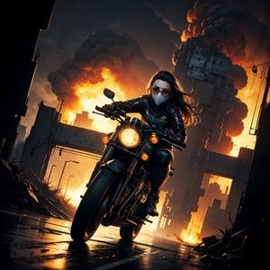 (best quality, 8K, ultra-detailed, masterpiece),
(cinematic, photorealistic, UHD, HDR, high resolution, vibrant colors).
(A high-octane 8K Cyberpunk city street:1.5), (low angle:1.5), 1girl, center frame, on a superbike speeding off with a (big explosion:1.5) behind her. She wears a sunglasses, face mask and her hair is flowing. dramatic, shallow depth of field, bokeh, dramatic lighting, (bloom:1.2).