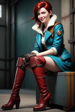 A stunning digital artwork reminiscent of Mary Jane Ansell's photorealism featuring a fair-skinned woman with a gentle, subtle smile wearing Overwatch-inspired laid-back attire paired with knee-high leather boots in a hangar inspired by Borderlands. The image is rendered in intricate details with shades of darkteal and crimson color palette.