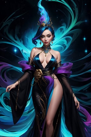 In the midst of a neon-noir galactic festival, a regal figure in flowing robes stands with an aura of mystery and power. This captivating image is a vividly detailed oil painting reminiscent of Alberto Seveso, capturing the essence of opulence and otherworldly elegance. The vibrant colors swirl together in a mesmerizing display, highlighting the intricate details of the figure's ornate jewelry and shimmering attire. Each brushstroke exudes a sense of depth and richness, inviting viewers to immerse themselves in the enchanting world depicted on the canvas.