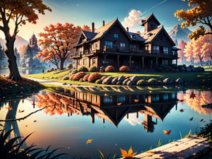 (masterpiece, legendary, highest_resolution, highly detailed, vibrant colors), (hyper surrealism:1.3), sharpen_details, landscape_photography, (a stunning RAW photograph of a big [wooden ? timber ? concerete] house (in focus) during a slightly windy day in the autumn season with a beautiful lake in the foreground:1.5), (trees, fallen leaves, leaves falling, ground, grass, flower, sky, cloud, birds, sunlight, reflection, shadows, wind, ultra sharp, house focus), (intricate tree details, extremely detailed CG, creative use of empty space:1.3), (best quality, 64K, UHD, captivating, lifelike, immersive, no humans)