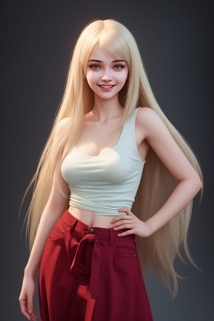 A stunning 3/4-body RAW photograph in the hyper-realistic style of Ilya Kuvshinov of a beautiful young woman with long, flowing hair, standing with a (giggly:0.75) expression.