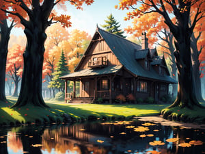 (digital oil painting:1.5), masterpiece, (HDR, crisp:1.5), ((wooden house)), flower, outdoors, sky, water, (autumn trees), window, (windy), grass, plant, building, (falling leaves), nature, (scenery), forest, (reflection), lantern, mountain, bush, (fallen leaves), architecture, east asian architecture, (pond), (autumn leaves), ((autumn)) 1girl, center, scaled -0.5x, chiaroscuro, serene, vibrant, super sharp, intricate, smooth, best quality, ultra hires, UHD, 64K, by Pixar.