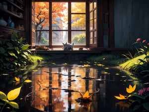 (digital oil painting:1.5), masterpiece, (HDR, crisp:1.5), ((wooden house)), flower, outdoors, sky, water, (autumn trees), window, (windy), grass, plant, building, (falling leaves), nature, (scenery), forest, (reflection), lantern, mountain, bush, (fallen leaves), architecture, east asian architecture, (pond), (autumn leaves), ((autumn)) 1girl, center, scaled -0.5x, chiaroscuro, serene, vibrant, super sharp, intricate, smooth, best quality, ultra hires, UHD, 64K, by Pixar.