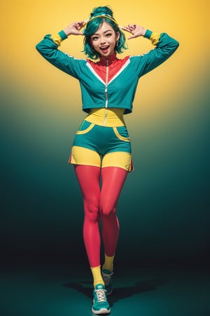 (teal.background:1.5), 1girl, full body, popcolor: [red ? yellow ? green ? blue], (pop_art.popcolor.outfit:1.3), (joyous:1.2)