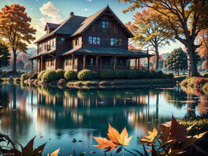 (masterpiece, legendary, highest_resolution, highly detailed), (hyper surrealism:1.4), sharpen_details, landscape_photography, (a stunning and vibrant HDR image of a big [wooden ? timber ? concerete] house (in focus) during the autumn season with (two_kids) playing in front of the house. Add a beautiful lake in the foreground:1.5), (trees, fallen leaves, leaves falling, ground, grass, flower, sky, cloud, birds, sunlight, reflection, shadows, windy, ultra sharp, house focus), (intricate tree details, extremely detailed CG, creative use of empty space:1.3), (best quality, 64K, UHD, captivating, lifelike, immersive)