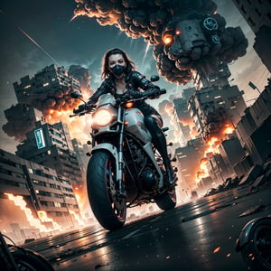 (best quality, 8K, ultra-detailed, masterpiece),
(cinematic, photorealistic, UHD, HDR, high resolution, vibrant colors).
(A high-octane 8K Cyberpunk city street:1.5), (low angle:1.5), 1girl, center frame, on a superbike speeding off with a (big explosion:1.5) behind her. She wears a sunglasses and a face mask. (flowing hair), dramatic, shallow depth of field, bokeh, dramatic lighting, (bloom:1.2).