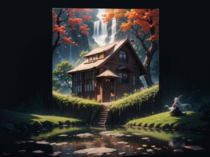 (digital oil painting:1.5), masterpiece, (UHD, crisp:1.5), ((wooden house)), flower, outdoors, sky, water, (autumn trees), window, (windy), grass, plant, building, (falling leaves), nature, (scenery), forest, (reflection), lantern, mountain, bush, (fallen leaves), architecture, east asian architecture, (pond), (autumn leaves), ((autumn)), 1girl, center, scaled -0.5x, chiaroscuro, serene, vibrant, super sharp, intricate, smooth, best quality, ultra hires, 64K, by DreamWorks 