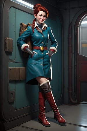 A stunning digital artwork reminiscent of Mary Jane Ansell's photorealism featuring a fair-skinned woman with a gentle, subtle smile wearing Overwatch-inspired laid-back attire paired with knee-high leather boots in a hangar inspired by Borderlands. The image is rendered in intricate details with shades of darkteal and crimson color palette.