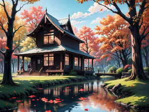 (digital oil painting:1.5), masterpiece, (HDR, crisp:1.5), ((wooden house)), flower, outdoors, sky, water, (autumn trees), window, (windy), grass, plant, building, (falling leaves), nature, (scenery), forest, (reflection), lantern, mountain, bush, (fallen leaves), architecture, east asian architecture, (pond), (autumn leaves), ((autumn)) 1girl, center, scaled -0.5x, chiaroscuro, serene, vibrant, super sharp, intricate, smooth, best quality, ultra hires, UHD, 64K, by Disney.