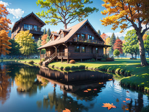 (masterpiece, legendary, highest_resolution), (hyper surrealism:1.4), sharpen_details, landscape_photography, (a stunning and vibrant HDR image of a big [wooden ? timber ? concerete] house during the autumn season with a beautiful lake in the foreground:1.5), (trees, fallen leaves, leaves falling, ground, grass, flower, sky, cloud, birds, sunlight, reflection, shadows, windy, ultra sharp), (intricate tree details, extremely detailed CG, creative use of empty space:1.3), (best quality, 64K, UHD, captivating, lifelike, immersive, no human, no character)