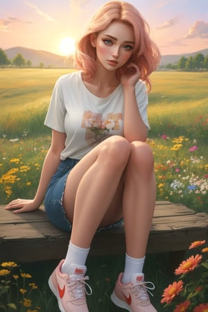 A stunning lifelike gouache painting of a beautiful young woman with porcelain skin and anime hairstyle in a casual outfit: a Uniqlo t-shirt, a short denim, a pair of ankle socks, and a Nike shoes. She has a gorgeous, dreamy upturned eyes and a full, rosy lips. She is sitting comfortably amidst a wide, open meadow filled with wildflowers swaying gently in the evening breeze. The sunset light casts a warm, golden glow over the field, highlighting her hyper-realistic features as well as the vibrant colors of the flowers. The sky is a soft pastel, transitioning from pink to blue as the day ends. The painting captures her in full body, blending her beauty with the breathtaking scene. The colors are rich and vibrant, and the painting is highly detailed and sharp. The overall quality of the painting is exceptional, with every brushstroke brings the scene to life in captivating realism and beauty.