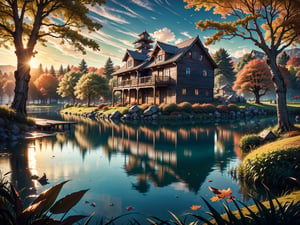 (masterpiece, legendary, highest_resolution, highly detailed), (hyper surrealism:1.4), sharpen_details, landscape_photography, (a stunning and vibrant HDR image of a big [wooden ? timber ? concerete] house during the autumn season with a beautiful lake in the foreground:1.5), (trees, fallen leaves, leaves falling, ground, grass, flower, sky, cloud, birds, sunlight, reflection, shadows, windy, ultra sharp), (intricate tree details, extremely detailed CG, creative use of empty space:1.3), (best quality, 64K, UHD, captivating, lifelike, immersive, no human, no character)