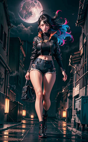 1girl, solo, cyberpunk world, center frame, (full body:1.5), (shallow depth of field), sharp focus, bokeh, red, black, cyberpunk outfit, brown eyes, long wavy hair, bangs, alleyway, buildings, dark, gritty, (foggy:1.5), midnight, (gigantic moon:1.5), moon light, clouds, lamps, colored lights, dimmed lights, backlit, (wind:1.3), greasy, burning dumpsters, graffiti, pipelines, neon signboards, reflections, glare.
<BREAK>
(masterpiece:1.4), (best quality:1.4), 8K, UHD, (HDR:1.4), (vibrant colors:1.4), (hyper photorealistic:1.4), (surrealism:1.4), high resolution, dramatic, (bloom), cinematic lighting, backlight, ultra-detailed, raytracing, intricate details, film grain, perfect hands, perfect legs, perfect body, sci-fi, cyberpunk style.