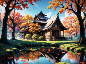 (digital oil painting:1.5), masterpiece, (HDR, crisp:1.5), ((wooden house)), flower, outdoors, sky, water, (autumn trees), window, (windy), grass, plant, building, (falling leaves), nature, (scenery), forest, (reflection), lantern, mountain, bush, (fallen leaves), architecture, east asian architecture, (pond), (autumn leaves), ((autumn)) 1girl, center, scaled -0.5x, chiaroscuro, serene, vibrant, super sharp, intricate, smooth, best quality, ultra hires, UHD, 64K, by Disney.