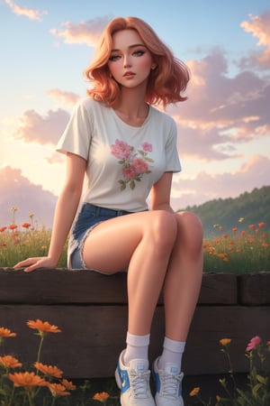 A stunning lifelike gouache painting of a beautiful young woman with porcelain skin and anime hairstyle in a casual outfit: a Uniqlo t-shirt, a short denim, a pair of ankle socks, and a Nike shoes. She has a gorgeous, dreamy upturned eyes and a full, rosy lips. She is sitting comfortably amidst a wide, open meadow filled with wildflowers swaying gently in the evening breeze. The sunset light casts a warm, golden glow over the field, highlighting her hyper-realistic features as well as the vibrant colors of the flowers. The sky is a soft pastel, transitioning from pink to blue as the day ends. The painting captures her in full body, blending her beauty with the breathtaking scene in a wide view. The colors are rich and vibrant, and the painting is highly detailed and sharp. The overall quality of the painting is exceptional, with every brushstroke brings the scene to life in captivating realism and beauty.