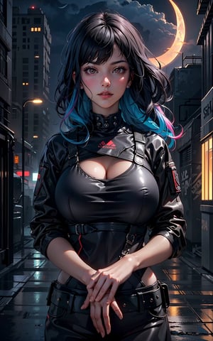 1girl, solo, cyberpunk world, center frame, (upper body:1.5), (shallow depth of field), sharp focus, bokeh, red, black, cyberpunk outfit, brown eyes, long wavy hair, bangs, alleyway, buildings, dark, gritty, (foggy:1.5), midnight, (gigantic moon:1.5), moon light, clouds, lamps, colored lights, dimmed lights, backlit, (wind:1.3), greasy, burning dumpsters, graffiti, pipelines, neon signboards, reflections, glare.
<BREAK>
(masterpiece:1.4), (best quality:1.4), 8K, UHD, (HDR:1.4), (vibrant colors:1.4), (hyper photorealistic:1.4), (surrealism:1.4), high resolution, dramatic, (bloom), cinematic lighting, backlight, ultra-detailed, raytracing, intricate details, film grain, perfect hands, perfect legs, perfect body, sci-fi, cyberpunk style.