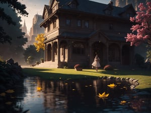 (digital matte painting:1.5), masterpiece, (HDR, crisp:1.5), ((wooden house)), flower, outdoors, sky, water, (autumn trees), window, (windy), grass, plant, building, (falling leaves), nature, (scenery), forest, (reflection), lantern, mountain, bush, (fallen leaves), architecture, east asian architecture, (pond), (autumn leaves), ((autumn)), 1girl, center, scaled -0.5x, chiaroscuro, serene, vibrant, super sharp, intricate, smooth, best quality, ultra hires, UHD, 64K, by Pixar 