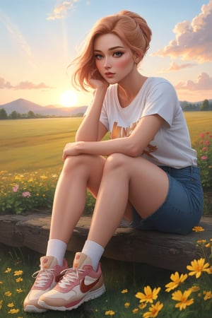 A stunning lifelike gouache painting of a beautiful young woman with porcelain skin and anime hairstyle in a casual outfit: a Uniqlo t-shirt, a short denim, a pair of ankle socks, and a Nike shoes. She has a gorgeous, dreamy upturned eyes and a full, rosy lips. She is sitting comfortably amidst a wide, open meadow filled with wildflowers swaying gently in the evening breeze. The sunset light casts a warm, golden glow over the field, highlighting her hyper-realistic features as well as the vibrant colors of the flowers. The sky is a soft pastel, transitioning from pink to blue as the day ends. The painting captures her in full body, blending her beauty with the breathtaking scene in a wide view. The colors are rich and vibrant, and the painting is highly detailed and sharp. The overall quality of the painting is exceptional, with every brushstroke brings the scene to life in captivating realism and beauty.