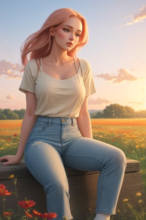 A stunning lifelike gouache painting of a beautiful young woman with porcelain skin and anime hairstyle in a casual outfit: a Uniqlo t-shirt, a short denim, a pair of ankle socks, and a Nike shoes. She has a gorgeous, dreamy upturned eyes and a full, rosy lips. She is sitting comfortably amidst a wide, open meadow filled with wildflowers swaying gently in the evening breeze. The sunset light casts a warm, golden glow over the field, highlighting her hyper-realistic features as well as the vibrant colors of the flowers. The sky is a soft pastel, transitioning from pink to blue as the day ends. The painting captures her in full body, blending her beauty with the breathtaking scene in a wide view. The colors are rich and vibrant, and the painting is highly detailed and sharp. The overall quality of the painting is exceptional, with every brushstroke brings the scene to life in captivating realism and beauty.