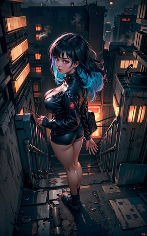 1girl, solo, cyberpunk world, center frame, (full body:1.5), (from above:1.5), smirking, blushing, parted lips, (shallow depth of field:1.5), sharp focus, bokeh, red, black, cyberpunk outfit, brown eyes, long wavy hair, bangs, alleyway, buildings, dark, gritty, (foggy:1.5), midnight, (gigantic moon:1.5), moon light, clouds, lamps, colored lights, dimmed lights, backlit, (wind:1.3), greasy, burning dumpsters, graffiti, pipelines, neon signboards, reflections, glare.
<BREAK>
(masterpiece:1.4), (best quality:1.4), 8K, UHD, (HDR:1.4), (vibrant colors:1.4), (hyper photorealistic:1.4), (surrealism:1.4), high resolution, dramatic, (bloom), cinematic lighting, backlight, ultra-detailed, raytracing, intricate details, film grain, perfect hands, perfect legs, perfect body, sci-fi, cyberpunk style.