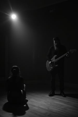 Really dark room, bw colors, (sad girl sitting close to camera:1.8), (bearded strong man with electric guitar on the back:1.5) and looks at the floor. Only one weak light on the center of room, girl and man. Noire, sun glasses, long beard, long hair, girl crying, music album cover, black and white, grange. Text Three Days Grace