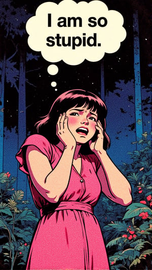 1girl, 1970s theme and color pallete, summer, night, retro futuristic,,forest background,crying style, pink dress, thought bubble saying: " I am so stupid"