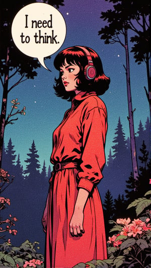 1girl, 1970s theme and color pallete, summer, night, retro futuristic,,forest background,speech bubble saying: "I need to think "