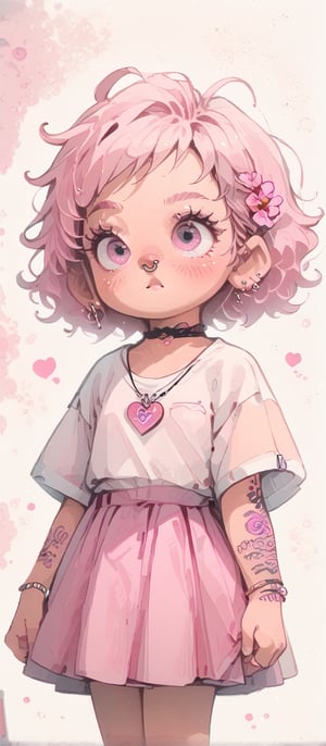 Score_9, Score_8_up, Score_7_up, Score_6_up,

1girl,  high_resolution,, short_curly_hair, split dye, one side of her hair is blonde, the other side is black, her hair is in pigtails, nose ring piercing, similar likeness to Melanie Martinez, light_tan_beige_skin, thinking, introspective expression, blushing, pantless, pink dress, pinkskirt, no_pants, chibi, chibi_style

,a woman with tattoos