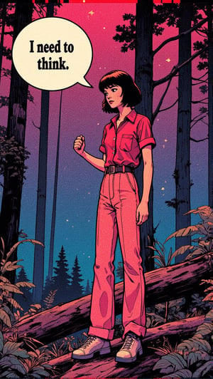 1girl, 1970s theme and color pallete, summer, night, retro futuristic,,forest background,speech bubble saying: "I need to think "