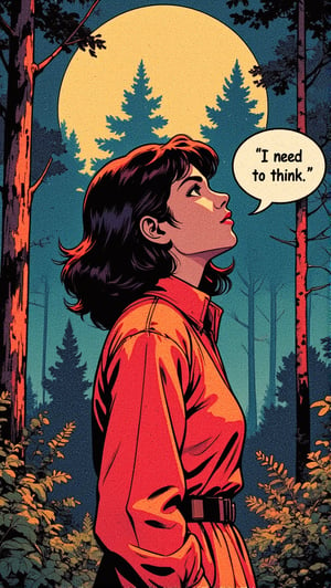 1girl, 1970s theme and color pallete, summer, night, retro futuristic,,forest background,speech bubble saying: "I need to think "