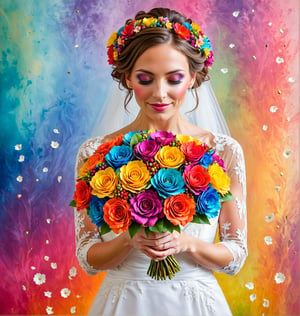 create a srtunning bride holding a stunning colourful small bouqet of flowers