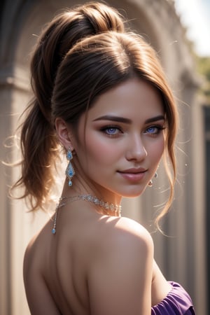 create me a a lovely portrait of a lovely girl, purple eyes, necklace, strapless dress, ponytail, long hair, jewelry, earrings, looking at viewer