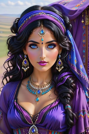 please create me a traditoal gypsy women, dressed in gyspy clothes and adorned with jewellery, her black wavy hair is under purple headscarf, she has eyes of vivid blue, she is beauty of another kind, she is standing beside a gypsy caravan