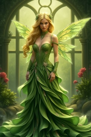  A stunning beautiful perfect fairy female, with hair of golden yellow and a dress of green, Hayv Kahrama style