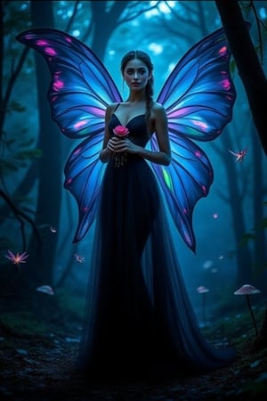 (((At the bottom of the image and ina gothic style italic font place the text 'Mandy xo))) In a dark, enchanted forest illuminated by a mystical blue glow, a powerful and mysterious fairy stands gracefully. She has iridescent wings with shades of blue and purple, which shimmer in the low light, stretching elegantly behind her. She wears a flowing black dress adorned with a pentacle at the waist, symbolizing her connection to magic and nature. Her long, dark hair is braided. Holding a rose her hands, she looks forward with an intense, captivating gaze. Small, ethereal fairies flutter around her, adding to the magical ambiance. The forest floor is dotted with mushrooms, and the air is thick with enchantment. 