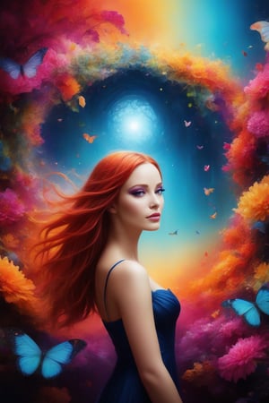 create a mysterious, captivating image, background is bright and colourful