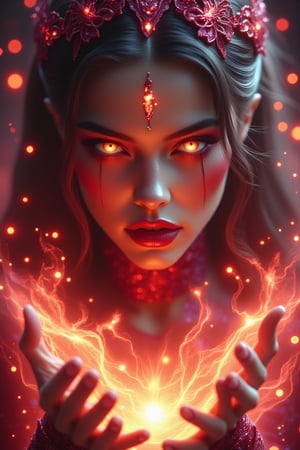 create e a stunningly beautiful witch,glowing,bright,luminous skin,glowing brightly,warm light,radiant,soft,glowing skin and vibrant, luminous features,glowing visual effects,glowing particles,neon