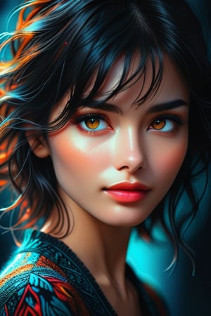  portrait in expressive style of a ripe attractive, dark hair, dark eyes, a wry smile,mysterious lady, 3/4  view, vivid dark palette,  intricately detailed and textured and shaped,  detailmaster2,  high_resolution,  high colour contrast, moody lighting,  ultra quality ,drawing with pastels,perfect eyes