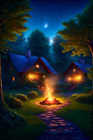 A tranquil, serene scene unfolds with a small country cottage nestled in the forest. Evening descends, stars and moonlight filter through the forest canopy, while smoke wisps from the fireplace through the cottage's chimney. Firewood is neatly stacked, the vegetable gardens are flourishing, and the apple trees are laden with fruit.,Looking at the sky