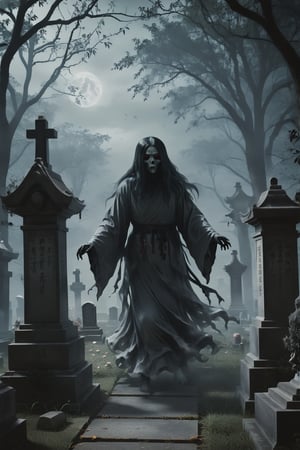 ((ghostly figures lurking in a cemetery)),Chinese Horror Scene,ghost person