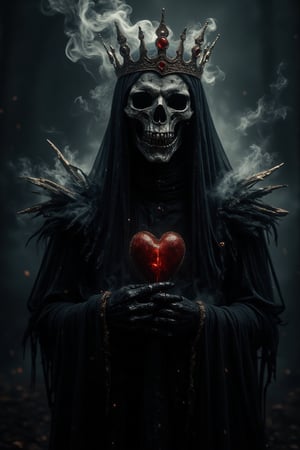  queen of hearts, dark shadows and mist are the background,professional film grain horror photography of a dark cursed,#HALLOWEEN_Stunning Scythe woman,AHaunted,smoke and gas spirit rising up