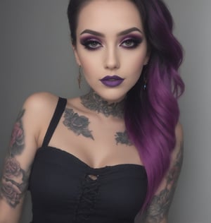 create an image of a women standing facing the camera , she purple goth make up on, her long black braided hair is os over her shoulder, she is wearing a strapless dress and she has filagree and rose tattoos on her chest and arms