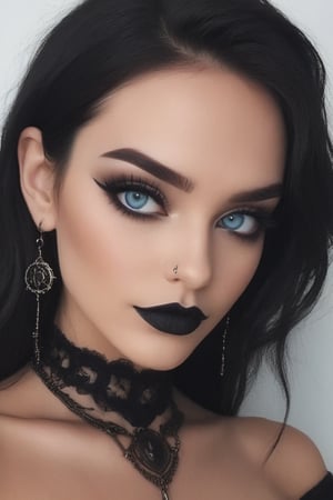 extreme close up of a women, she has bright blue eyes, she has black wavy shoulder length hair, she has light gothic make up, she has earrings and a nose ring, she is perfect and beautiful, she has a cheeky smirk,goth girl