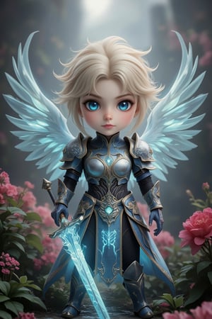 Masterpiece, best quality, stunning, extremely detailed CG unified 8k wallpaper, angel, chibi version, holding a Lance in his right hand, attack pose, standing on a haven garden, detailed background, 8k, 
,chibi, chibi version,Angelababy