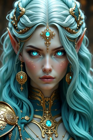 A striking portrait of a mystical woman with piercing, luminous blue eyes that radiate wisdom and power. Her long, flowing hair, a mix of silvery white and aqua strands, is intricately braided and adorned with ornate gold and bronze accessories, adding an ancient and regal feel. She wears ceremonial jewelry, including circular earrings with geometric patterns and an elegant, armor-like necklace that enhances her ethereal presence. Delicate freckles and shimmering markings adorn her face, and a small, glowing symbol rests on her forehead, suggesting a deep connection to magic or otherworldly forces. The overall atmosphere is one of elegance, strength, and mysticism, as though she is a guardian or ancient deity