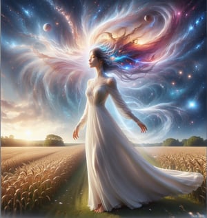 An amazing image of the universe inside her head, a soft white long dress flows as she stands in the field.